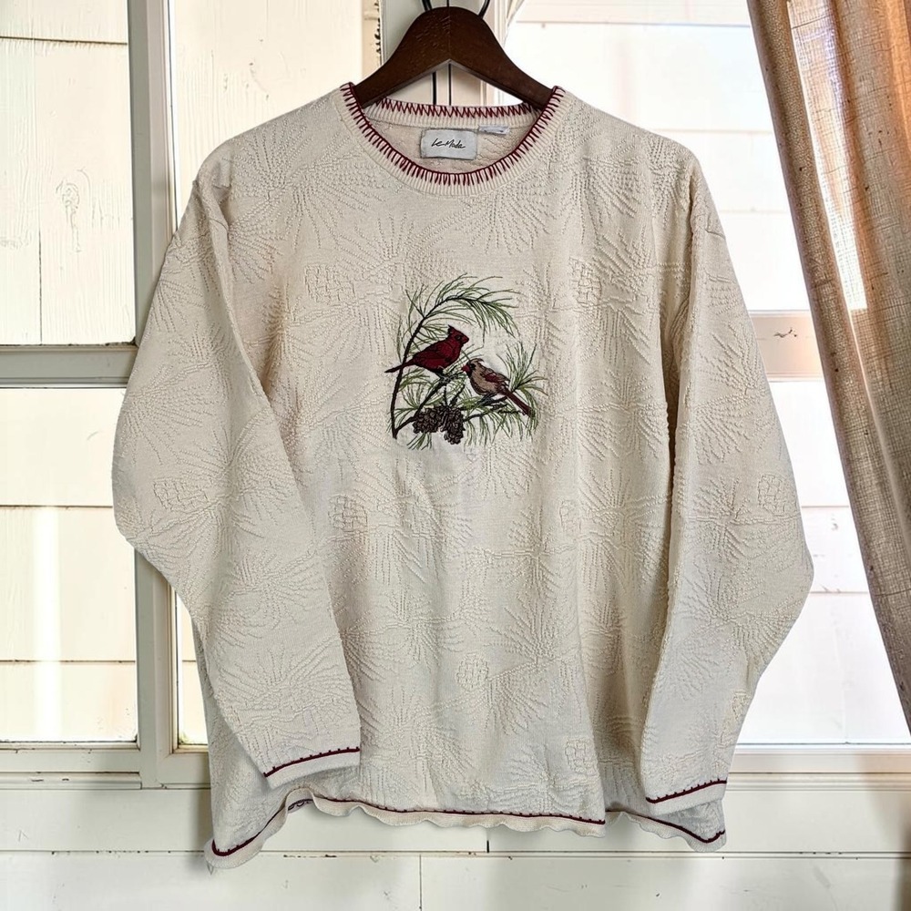 Vintage Cardinal Embroidered Sweater Le Moda XL Ivory Textured Knit Crewneck